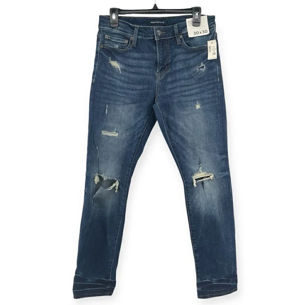 Aeropostale Men’s Blue Dark Wash Distressed Stretch Skinny Denim Jeans 30 x 30